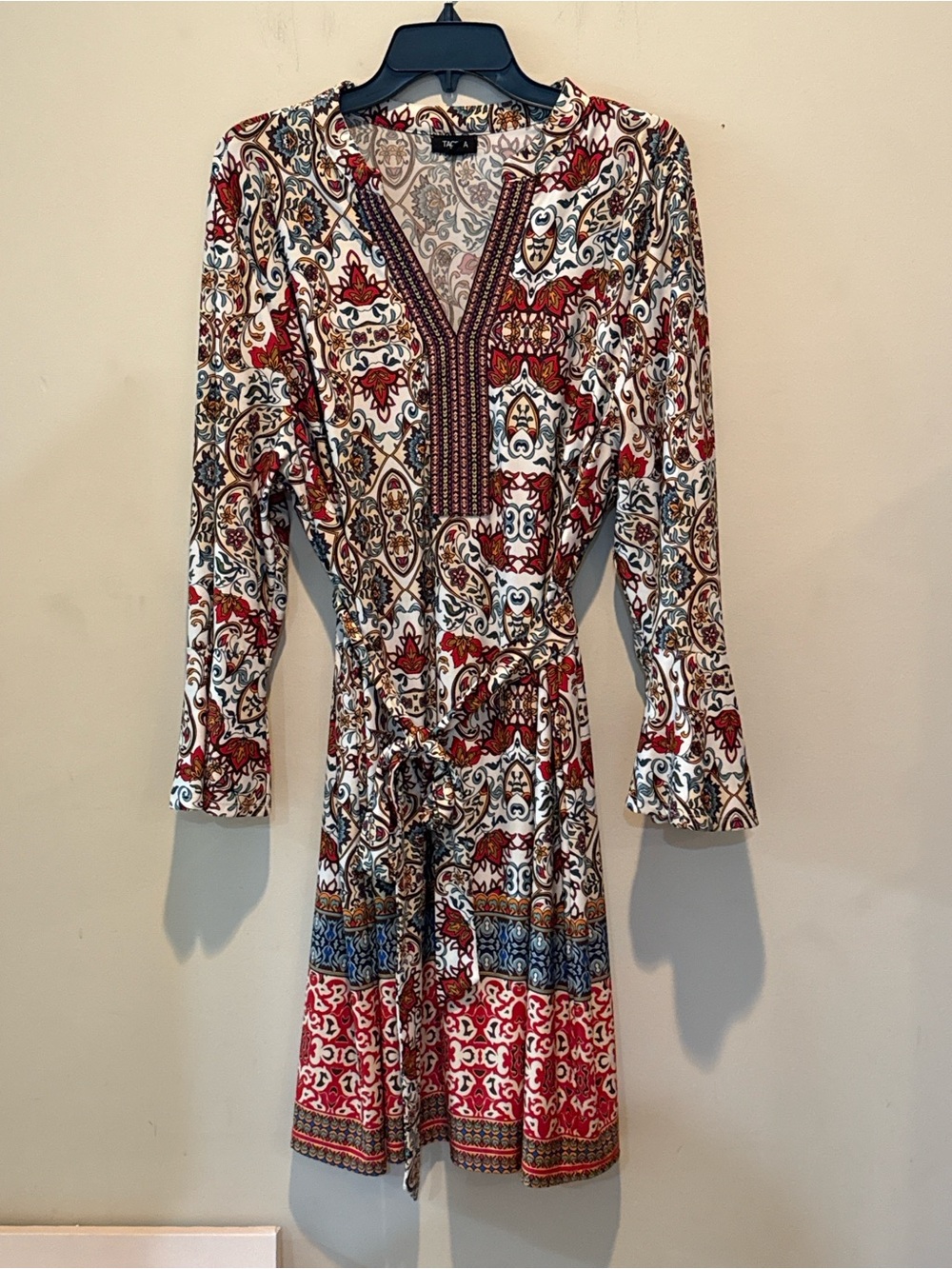 Tacera Long Sleeve Paisley Print Dress in Red, Cream & Blue
